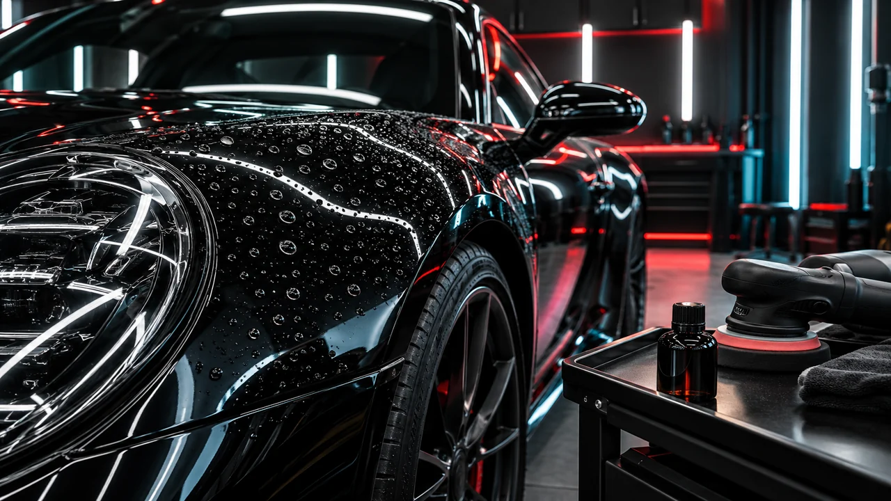 Black sports car with ceramic-coated paint beading water under studio light bars